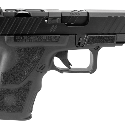 ZEV OZ9CDUTYSS OZ9 Duty Compact 9mm Luger 15+1 4", Black, Serrated Stainless Steel Slide with Optic Cut, Polymer Frame with Picatinny Rail, Fiber Optic Combat Sights